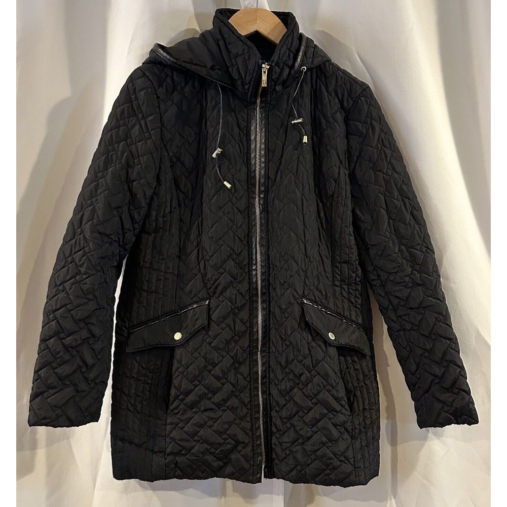 Cole Haan Faux-Leather Trim Quilted Coat Black Size Large